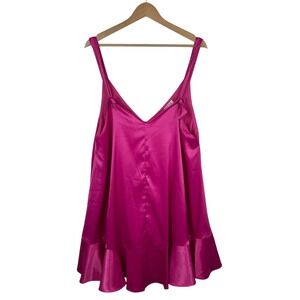 TCEC Pink Babydoll Lingerie Slip‎ Dress Sz L Satin Ruffle Trim V Neck Sleeveless